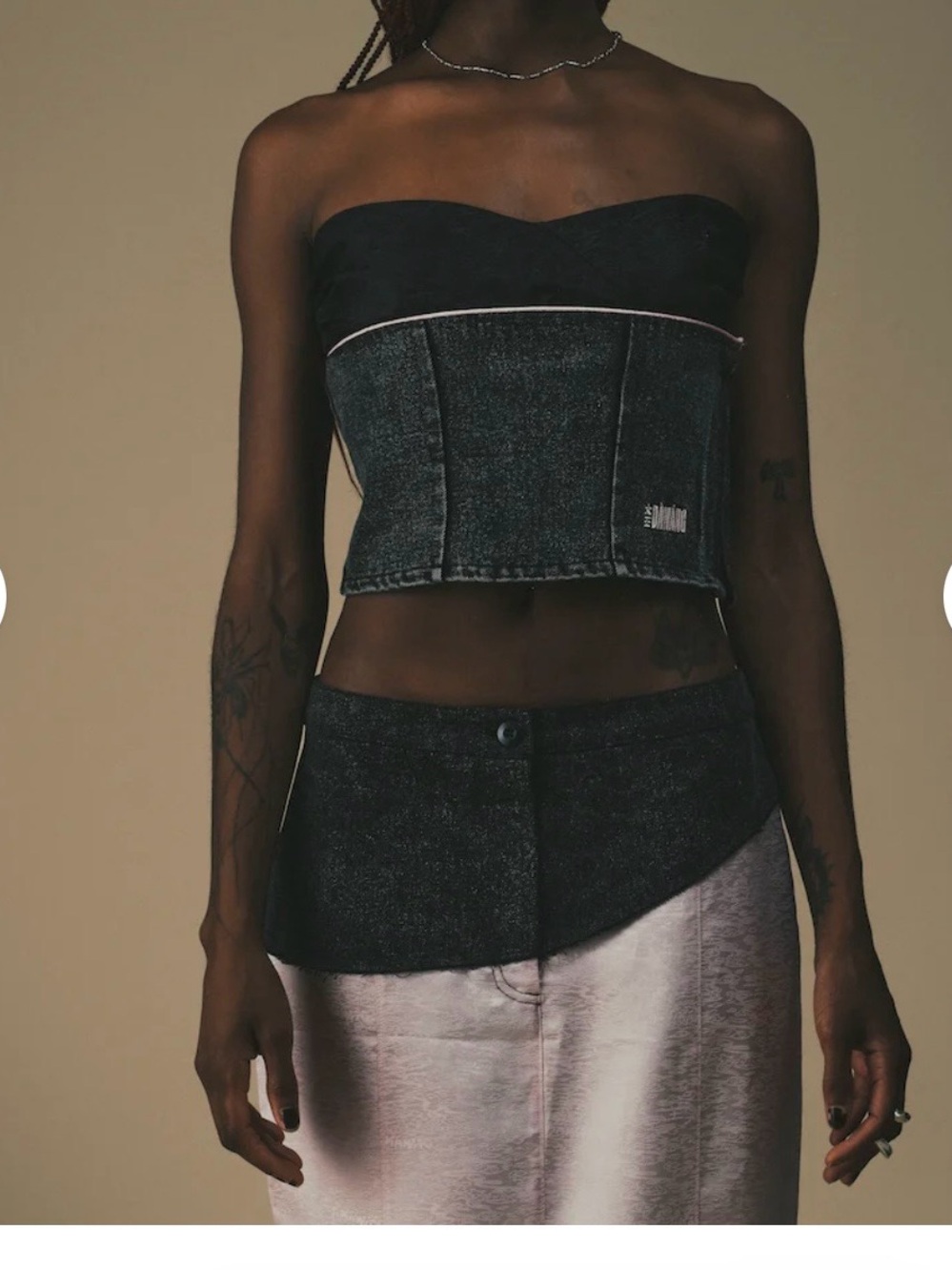 NWOT Strapless Black Denim-Panel Crop Top